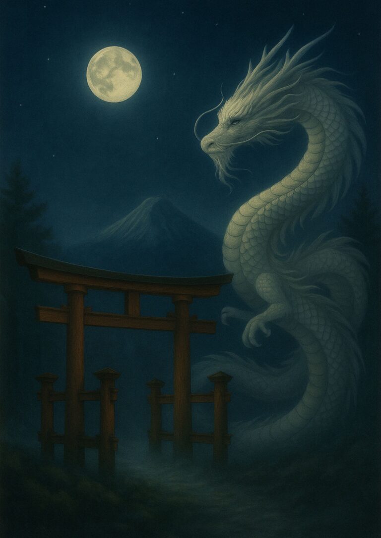 🌕 Mystical Japanese White Dragon Art Print – Moonlight Torii Scene | Digital Download